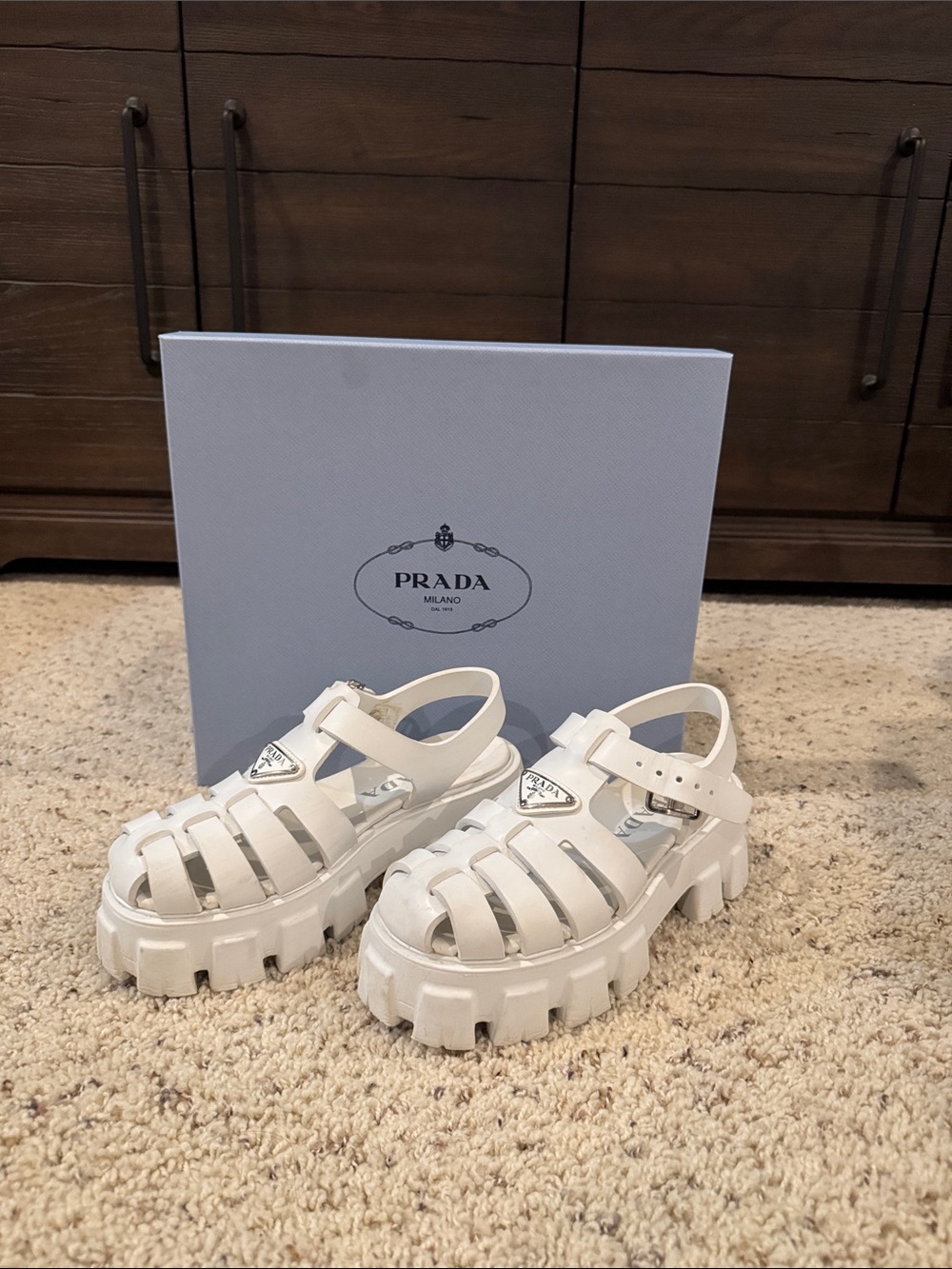 Prada Women’s  White Chunky Fisherman Sandals with Logo Plaque